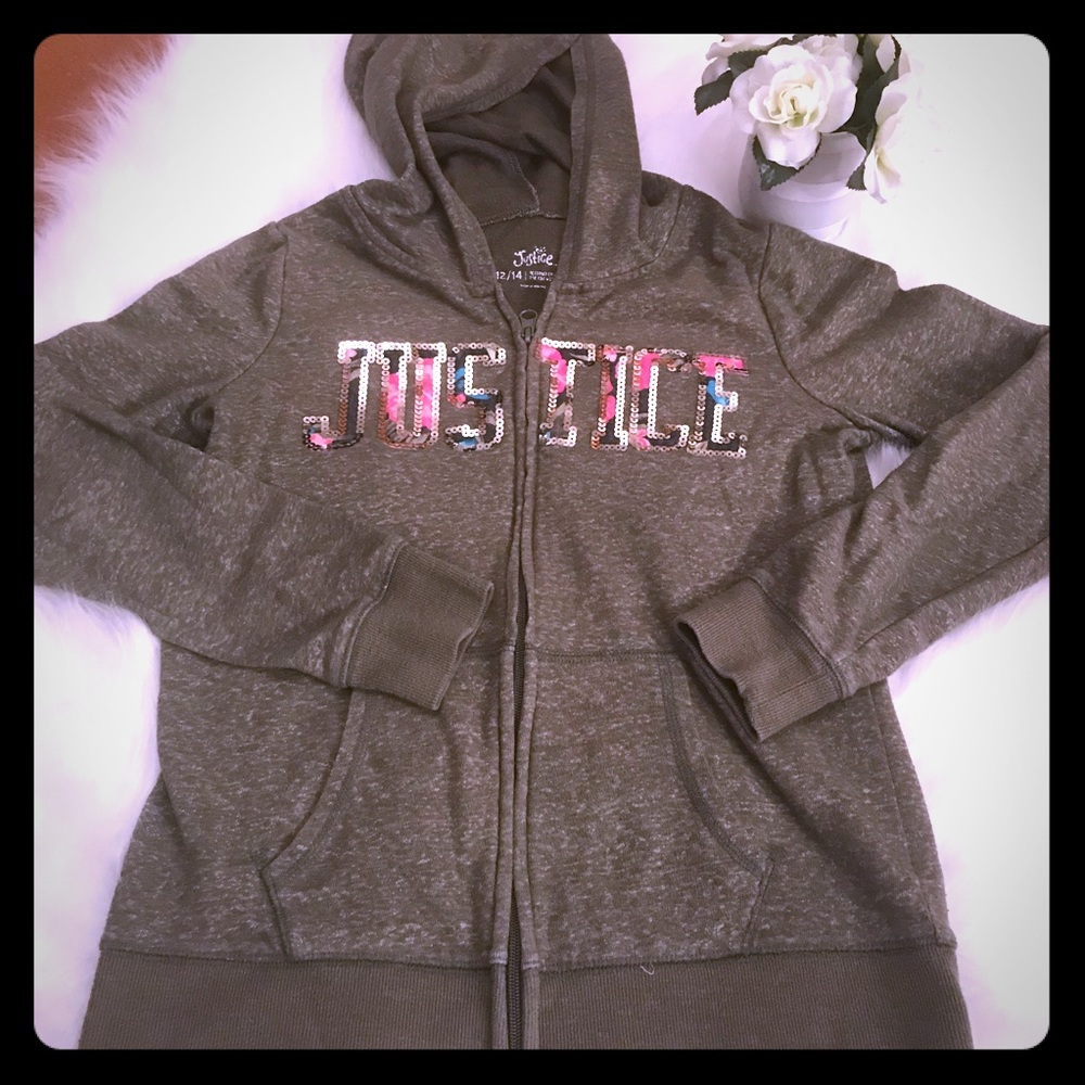 Justice girls dark green zip up hoodie size 12/14